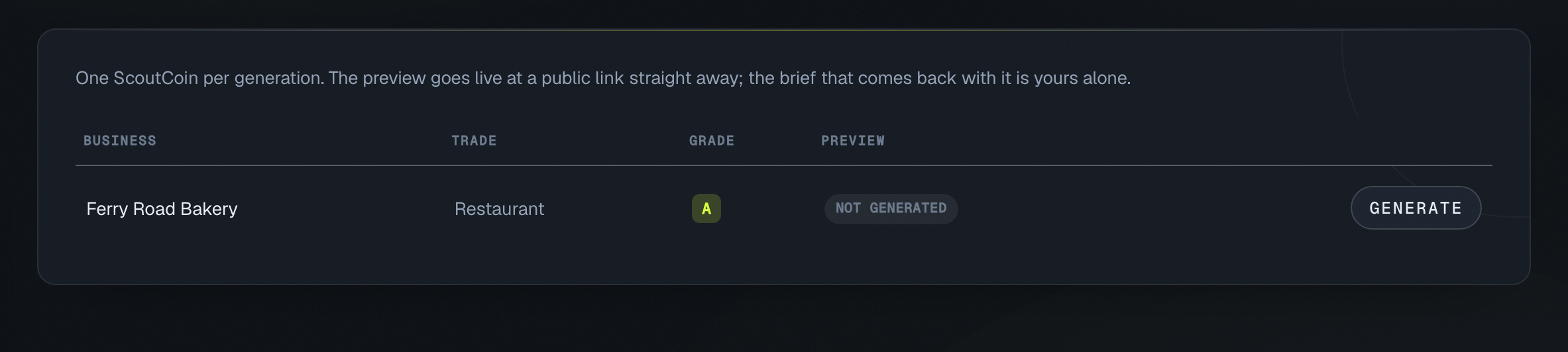 The generate screen, where a preview site is built for a claimed business.