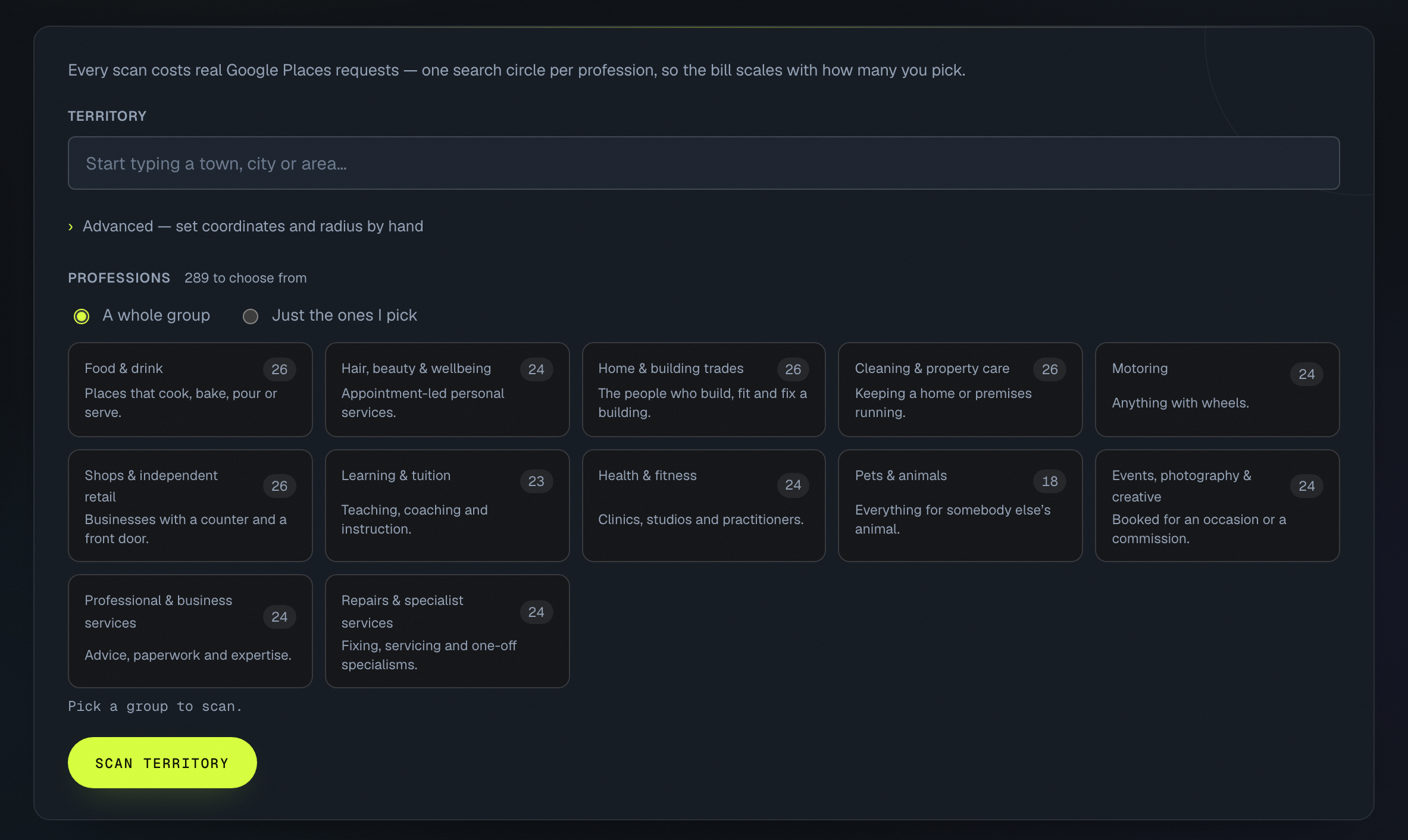 The Scoutline scan screen: a territory field, and profession groups to search across.